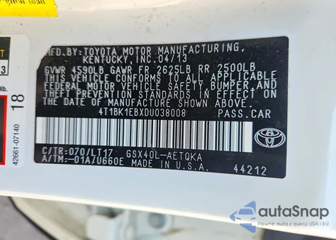2013 Toyota Avalon Xle Touring z USA, uszkodzony, nr VIN 4T1BK1EBXDU038008